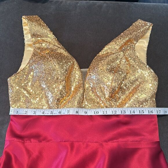 Women’s Gold Sequined Bodice V-Neck Red Satin Prom Party Dress *Size M/L - Picture 10 of 11